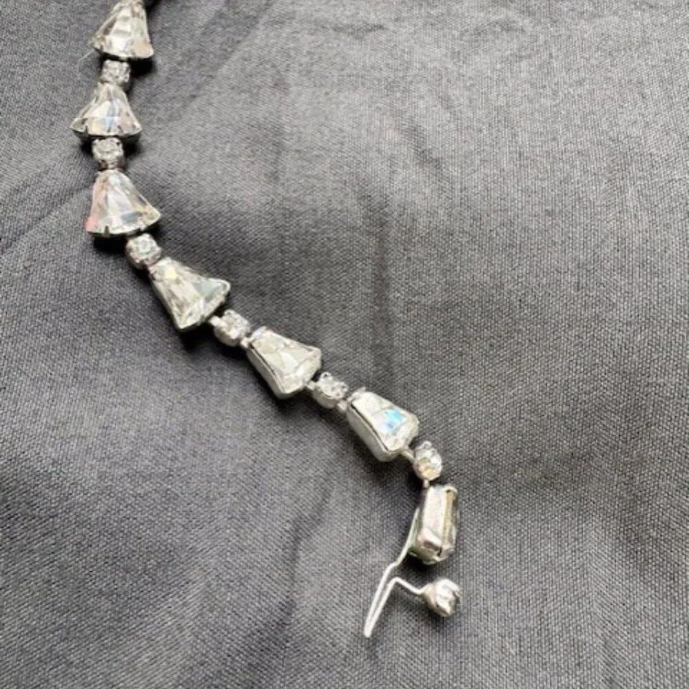 Silver Tone Clear Triangle Cut Glass Stone Tennis Style Bracelet w Accents 15